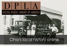 Vintage bookmobile with sides raised up. Text reads DPLA Ohio's local history online