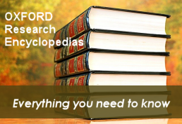 Stack of encyclopedias with text reading Oxford Research Encyclopedias Everything you need to know