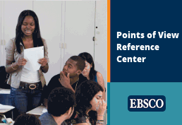 Woman holding papers and talking to a group. Text reads Points of View Reference Center EBSCO