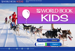 Sled dogs pulling a man on a sled in the snow. Logo of World Book Kids